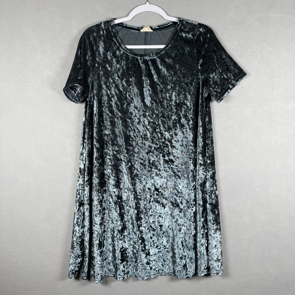 POL Womens M Dress Blue Crushed Velvet Short Sleeve Shift Mini Boho